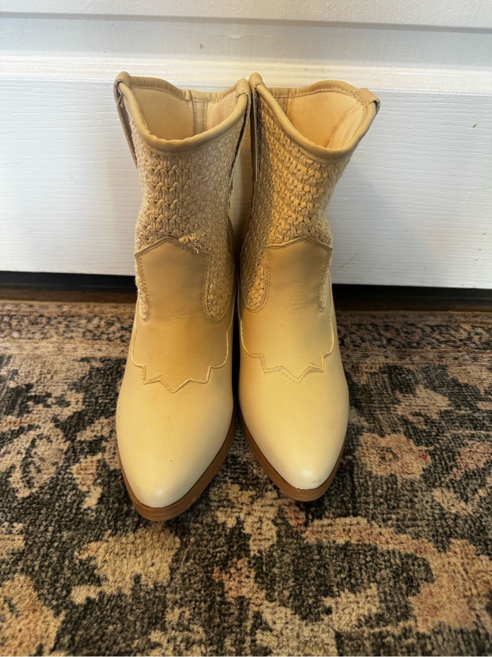 Ardene Cream Knit-Detail Western Ankle Boots